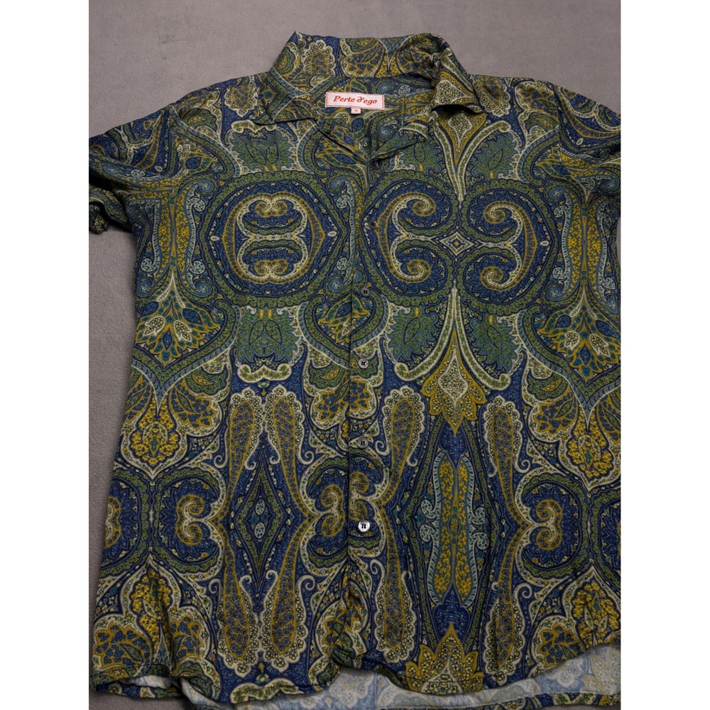 Perte d'ego Mens Blue Green Paisley Modal Short Sleeve Camp Collar Shirt Medium